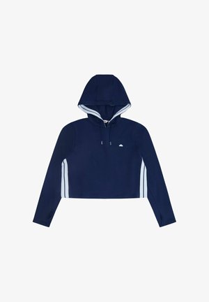 Felpa cropped blu navy realizzata in tessuto morbido, con fodera interna della cappuccio bianca e strisce bianche laterali, maniche lunghe e cordini regolabili.