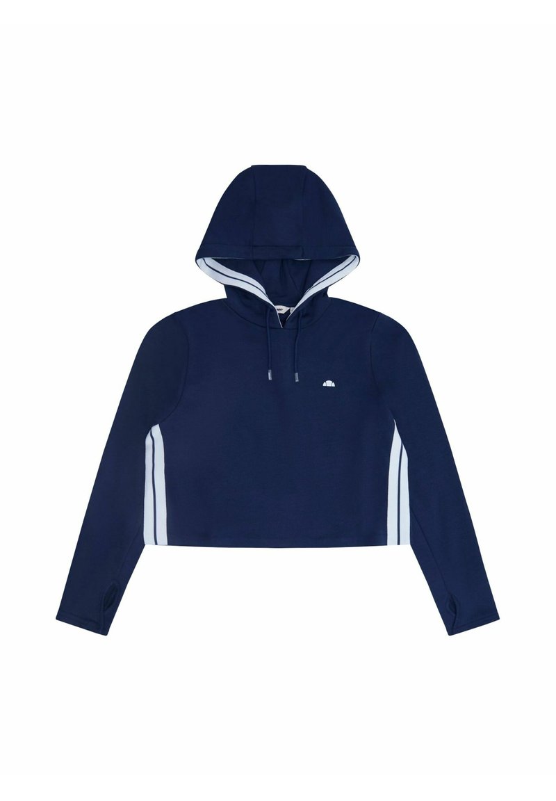 Sudadera recortada de color azul marino, hecha de una tela suave, con forro interior de capucha blanco y rayas laterales blancas, manga larga y cordones ajustables.