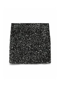 Czarna mini spódnica z cekinami o dopasowanym kroju, prezentująca gęste rozmieszczenie błyszczących, refleksyjnych cekinów na całej powierzchni.