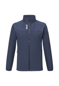 Navy softshell jacket with a high collar, full front zipper, side pockets, and a logo on the left chest. Lightweight and wind-resistant fabric.