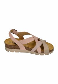 Pink and beige cross-strap sandals with a cork footbed, textured material, and a low, light-colored sole. Adjustable buckle on the back.
