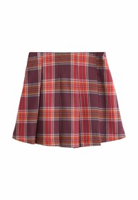 Gonna a pieghe realizzata in tessuto con sfondo bordeaux e un motivo a quadri in rosso, arancione e azzurro, con una silhouette svasata.