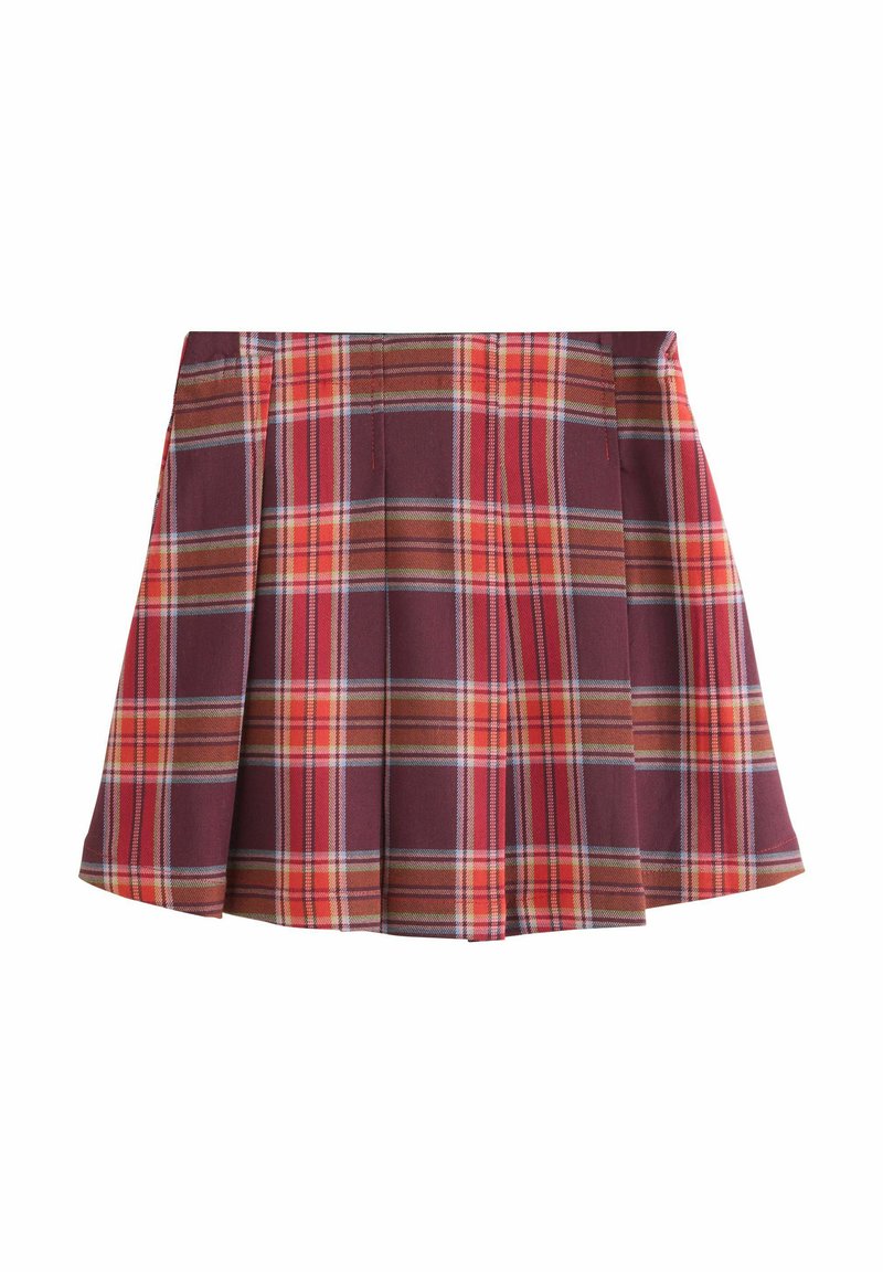 Gonna a pieghe realizzata in tessuto con sfondo bordeaux e un motivo a quadri in rosso, arancione e azzurro, con una silhouette svasata.
