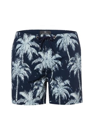 Marineblauwe zwembroek met wit palmboom patroon en voorkant trekkoord sluiting.