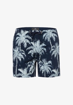 Marineblaue Badeshorts mit weißem Palmenmuster und vorderer Kordelzug.