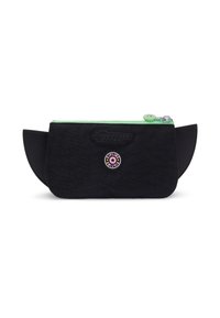 Black fabric pouch with green zipper and button, featuring rounded corners and side accents, embossed logo, and a circular patch detail.