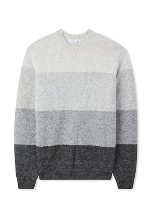 Maglione a righe grigio chiaro, grigio scuro e antracite con scollatura a girocollo e polsini e orlo a coste. Texture morbida, vestibilità casual.