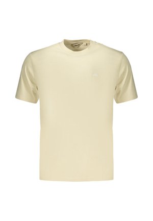 T-shirt beige a maniche corte con scollo rotondo, con piccolo logo sobrio sul petto sinistro e design frontale semplice.