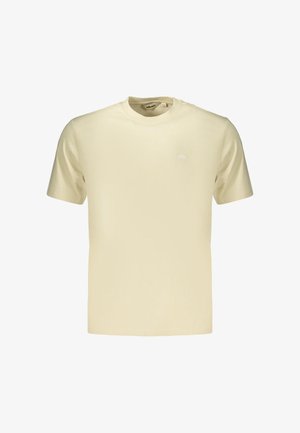 T-shirt beige a maniche corte con scollo rotondo, con piccolo logo sobrio sul petto sinistro e design frontale semplice.