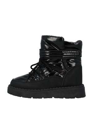 Black ankle boot featuring a shiny patent finish, lace-up front, padded collar, and textured rubber sole for grip. Flat design, no visible hardware.