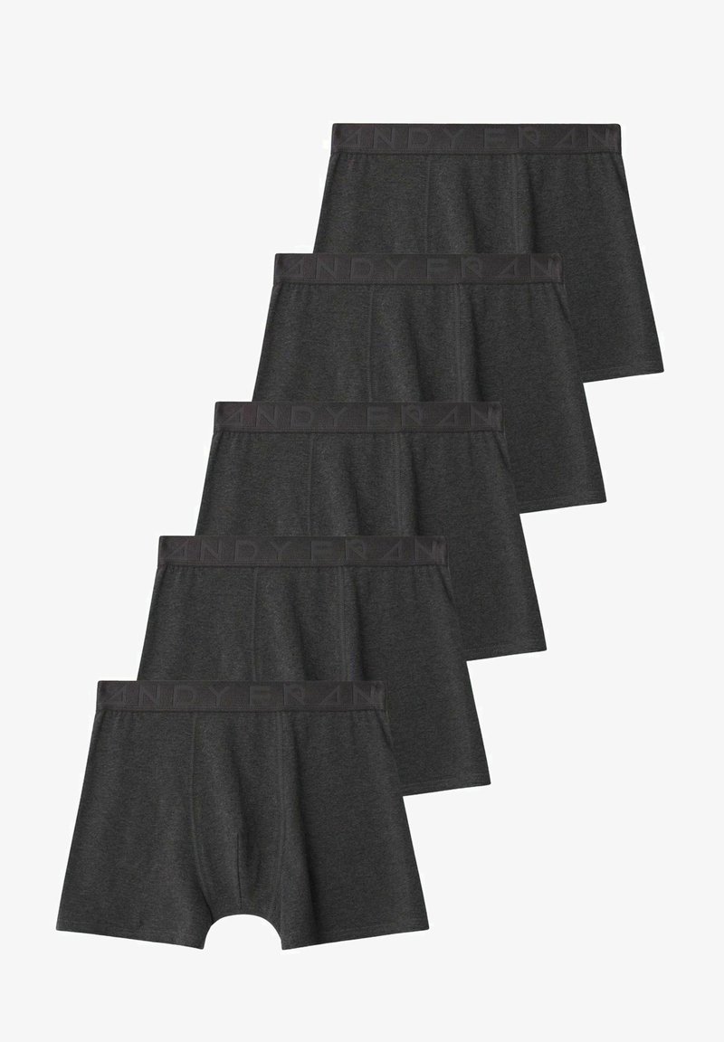 Fem par mörkgrå boxershorts i mjukt tyg, med en bred elastisk midjeband där "ANDY FRAN" är tryckt i ett upprepande mönster.