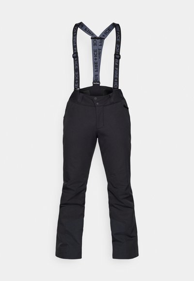 Μαύρο παντελόνι χιονιού με ρυθμιζόμενους γκρι τιράντες, με απλή υφή, τσέπες με φερμουάρ και ενισχυμένα πάνελ στα κατώτερα πόδια.