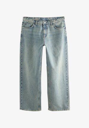 világoskék farmer bővített szabású nadrág, egyenes szárú kivitel, öt zsebes dizájn és látható fém gombos záródás jellemzi.