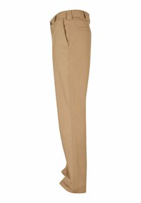 Khaki trousers with a straight-leg design, made of cotton blend fabric. Features two front pockets, single back pocket, and a button closure.