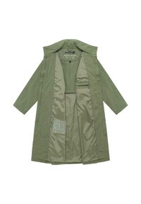 Imperméable long vert olive avec boutons-pression, fermeture éclair, poche intérieure zippée et étiquette de marque "NAVAHOO" sur la doublure du col.