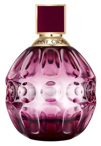 Bottiglia di profumo in vetro viola con una forma bulbosa e testurizzata, hardware dorato e un tappo quadrato con un accento marrone scuro nella parte superiore.