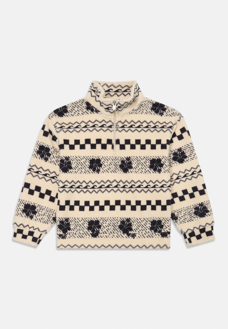 Fleeces puloveris ar ceturtdaļas rāvējslēdzēju krēmkrāsā, ar melniem ģeometriskiem un ziedu rakstiem, ribotām detaļām un mīkstu tekstūru.
