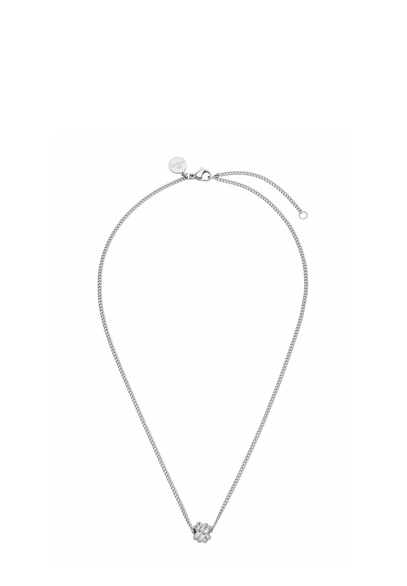 Die Silberkette hat einen strukturierten Knotenanhänger, eine verstellbare Länge und ein rundes Verschlussdetail. Einfaches, elegantes und modernes Design.