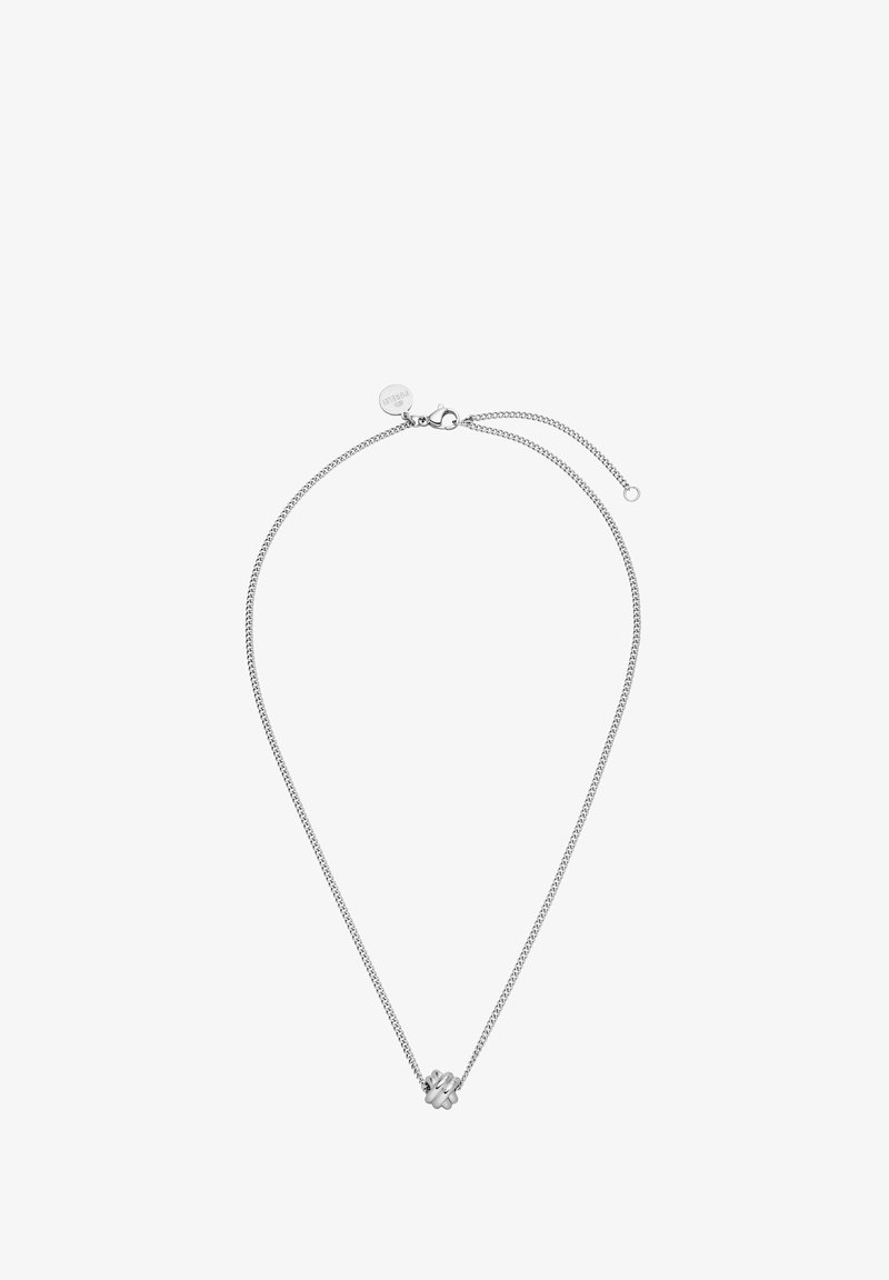 Die Silberkette hat einen strukturierten Knotenanhänger, eine verstellbare Länge und ein rundes Verschlussdetail. Einfaches, elegantes und modernes Design.