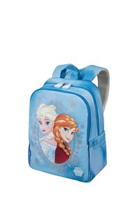 Blue children's backpack featuring images of two animated female characters. Made of fabric, with a smooth texture and white snowflake accents.