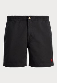 Svarta herrshorts med elastiskt midjeband, knäppning och en liten röd broderad logo på nedre högra benet.