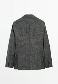 Gray textured blazer with a notched collar, long sleeves, and two side pockets. Features three buttons and a subtle check pattern.