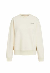 Felpa color crema realizzata in tessuto morbido, con collo tondo, polsini a coste e il logo "GUESS" in lettere scure sul petto.