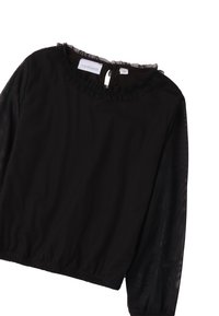 Schwarze Bluse mit Rüschenausschnitt und langen, transparenten Ärmeln, elastischem Bund und einem Schlitzverschluss hinten. Weicher, leichter Stoff.