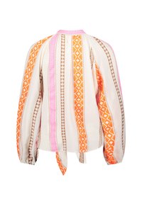 Long-sleeve blouse with a white base, featuring vibrant orange, pink, and brown geometric stripes, and a tied back. Textured fabric.