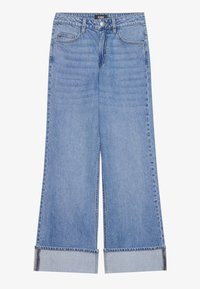 Heledad sinine teksapüksid laia jala ja kõrge vöökoht, millel on nööp- ja tõmblukk, ning rollitud servad hems.