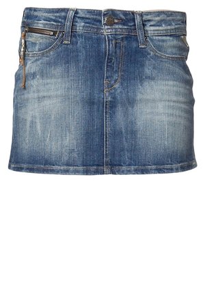 Mini-jupe en jean bleu avec lavage délavé, bouton et fermeture éclair à l'avant, passants pour ceinture et petite poche zippée sur le côté droit.