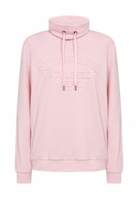 Ružová mikina s vysokým golierom, sťahovacou šnúrkou a vyrazeným nápisom "RETRO COLLEGE ATHLETIC DEPT.". Mäkký materiál, voľný strih, dlhé rukávy.