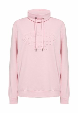 Różowa bluza z wysokim kołnierzem, sznurkami oraz wytłoczonym napisem „RETRO COLLEGE ATHLETIC DEPT.”. Miękki materiał, luźny krój, długie rękawy.
