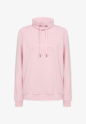 Roze sweatshirt met een hoge kraag, trekkoorden en het reliëf "RETRO COLLEGE ATHLETIC DEPT.". Zacht materiaal, comfortabele pasvorm, lange mouwen.
