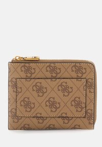 Brown patterned wallet featuring a textured exterior with a zip closure and a card slot. Gold hardware accents enhance the design.