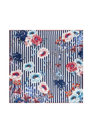 Navy and white vertical striped fabric with large red, blue, and white floral patterns and green leaves scattered across.