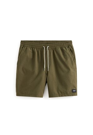 Bañador verde oliva hecho de una tela ligera, con una cinturilla elástica y cordón, bolsillos laterales y una etiqueta de marca.