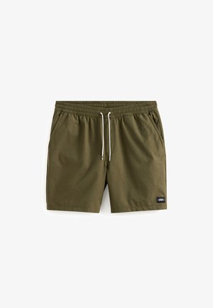 Olivgrüne Badeshorts aus leichtem Material, mit einem elastischen Taillenbund und Kordelzug, seitlichen Taschen und einem Markenetikett.