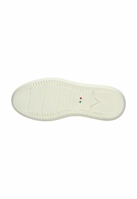 Hvid sneakersål med en struktureret gummioverflade. Har vandrette ribber til greb, præget brandlogo og et lille italiensk flagdetalje.