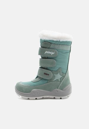 Botas de inverno para crianças em verde-água com fechos de velcro. Forro de peluche, detalhe em forma de estrela, colarinho acolchoado e sola de borracha cinza durável.