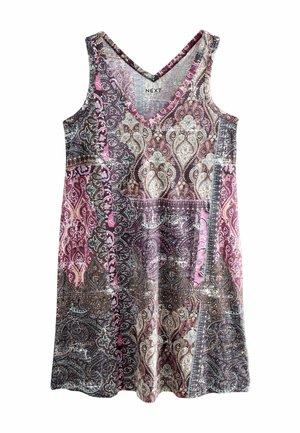 Sleeveless V-neck dress with patchwork paisley patterns in purple, pink, brown, and teal tones, labeled "Next" inside the neckline.