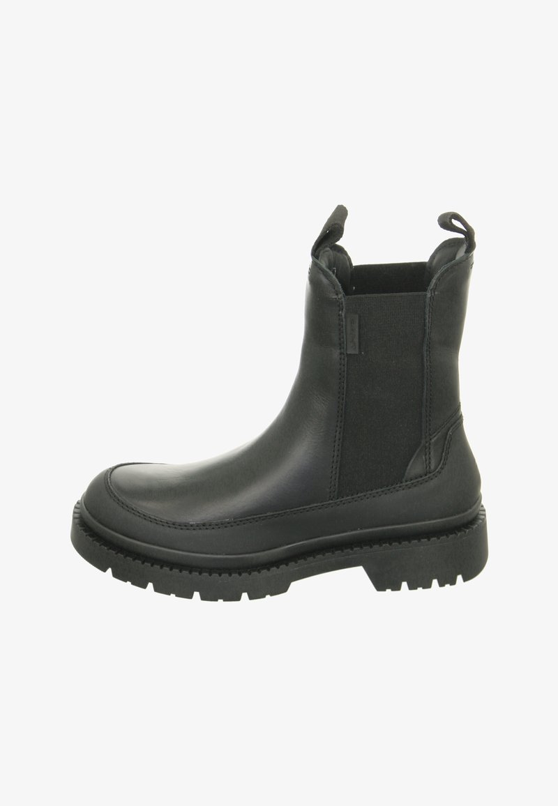 Schwarze Leder-Ankleboots mit elastischen Seiteneinsätzen, einer robusten Gummisohle, runder Zehenpartie und Zugschlaufen für ein einfaches Anziehen. Glatte Oberfläche insgesamt.