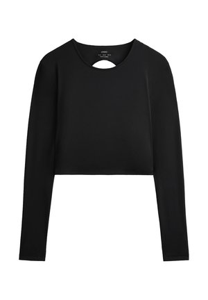 Zwarte, langemouwige crop top met een ronde hals en een klein uitsnijdetail aan de achterkant. Gemaakt van een gladde stof. Geen patronen of versieringen.