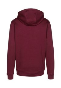Felpa con cappuccio bordeaux, caratterizzata da una texture liscia, maniche lunghe e polsini e orlo a coste. Il cappuccio è leggermente strutturato nella parte superiore.