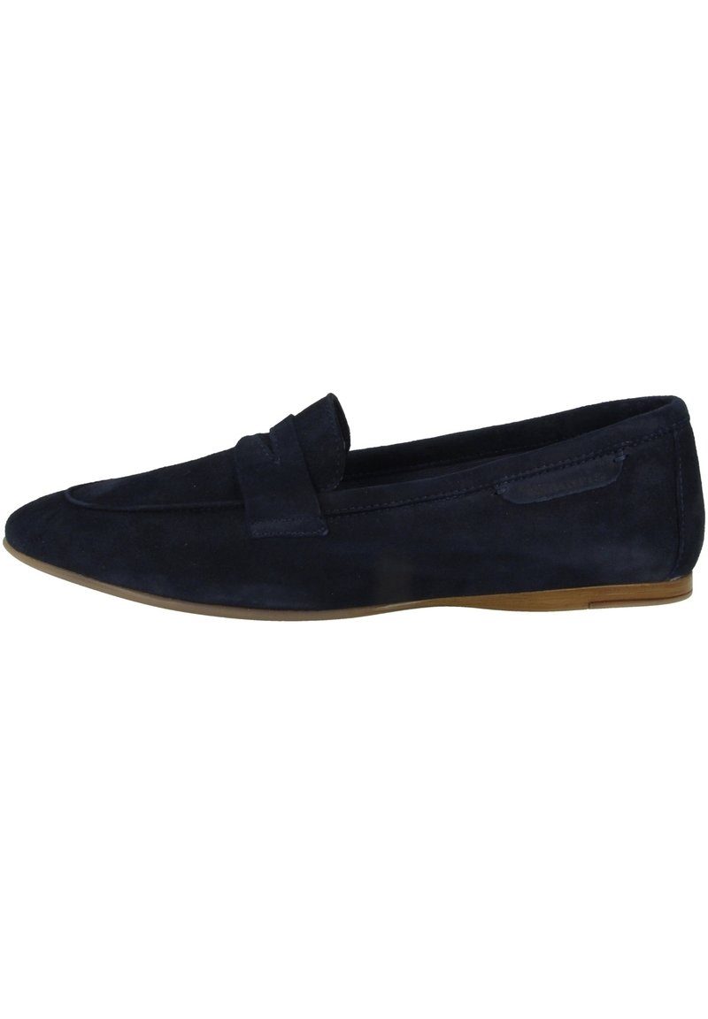 Granatowe zamszowe loafersy z płaską podeszwą, posiadające podniesiony pasek z przodu oraz przeszycia na górze i bokach.