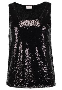 Haut sans manches noir avec un col rond, recouvert de sequins brillants qui reflètent la lumière, créant une texture et un design scintillants.