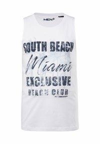 Bílý tílko bez rukávů s modrým grafickým textem: "SOUTH BEACH Miami EXCLUSIVE BEACH CLUB" s motivem palmy v pozadí.