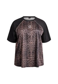 Top de manga corta con estampado de leopardo, mangas raglán negras, escote redondo y ribetes en contraste. Hecho de una tela suave y ligera.