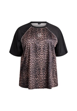 Korte mouw top met luipaardprint, zwarte raglanmouwen, ronde hals en contrasterende biezen. Gemaakt van een glad, lichtgewicht stof.