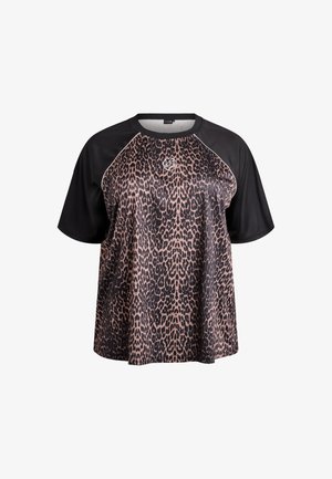 Korte mouw top met luipaardprint, zwarte raglanmouwen, ronde hals en contrasterende biezen. Gemaakt van een glad, lichtgewicht stof.